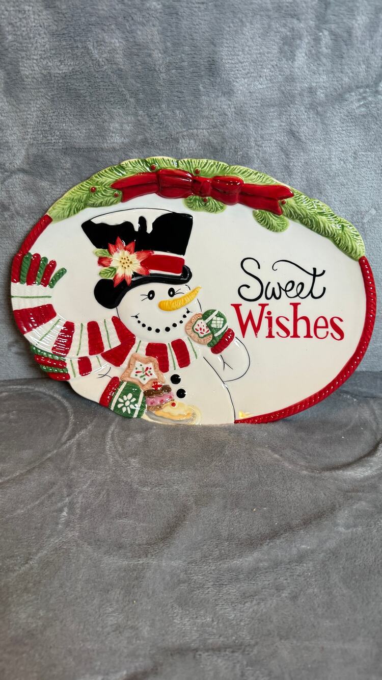 Fitz & Floyd Top Hat Frosty Sweet Wishes Snowman Christmas Platter 16”